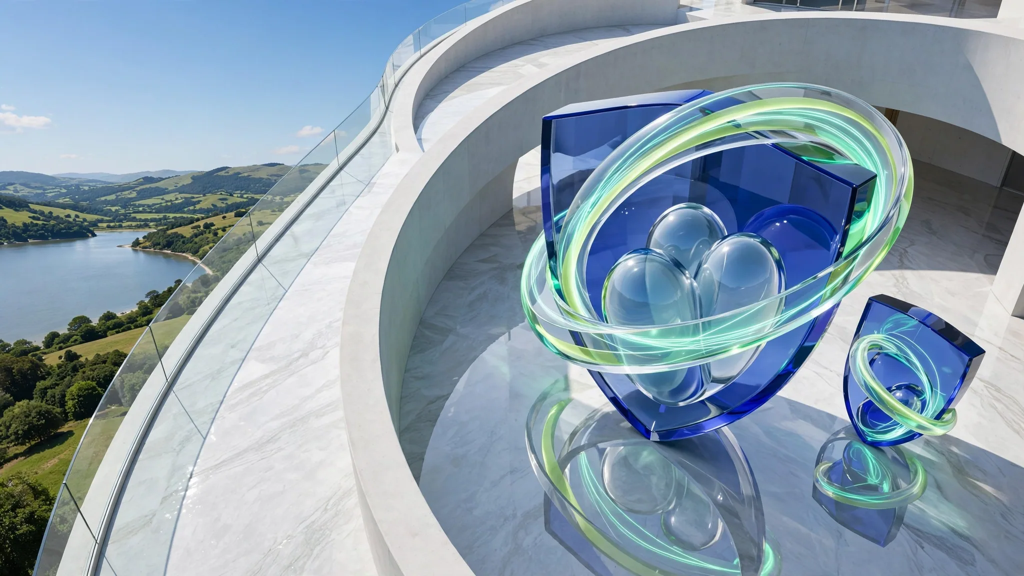 Translucent cobalt and lime glass sculpture of a shield around three rounded figures, set on a sunny white concrete terrace above a bay under blue sky