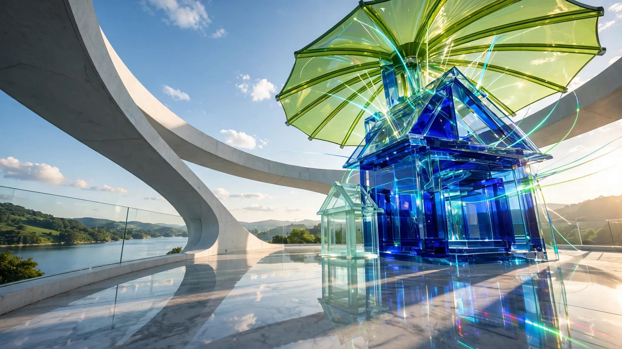Translucent cobalt and lime glass sculpture of a small house under an open umbrella, on a sunny white concrete terrace above a bay under blue sky