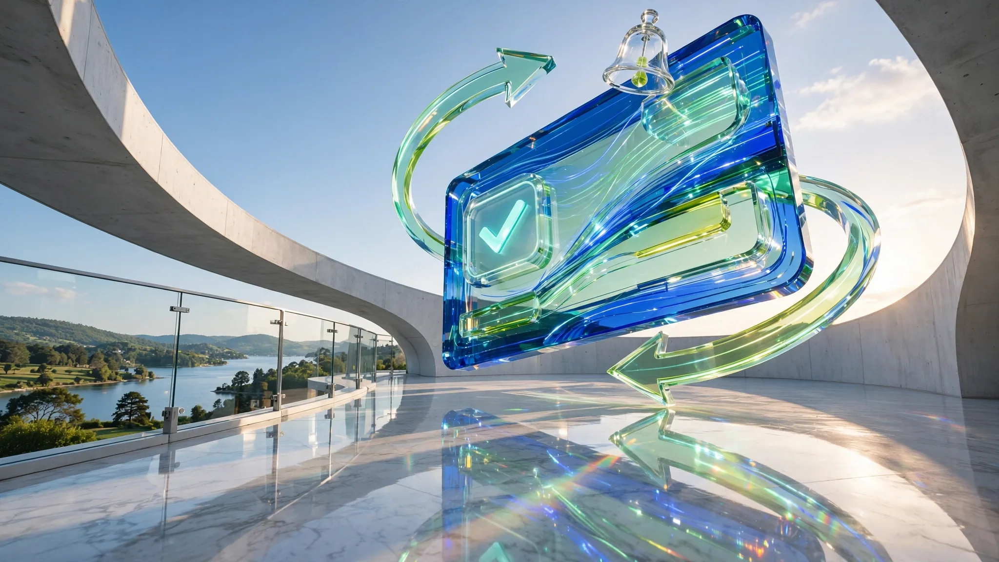 Translucent glass sculpture of a payment card with a glowing tick, ringed by curved arrows, on a sunny white terrace above a bay under blue sky