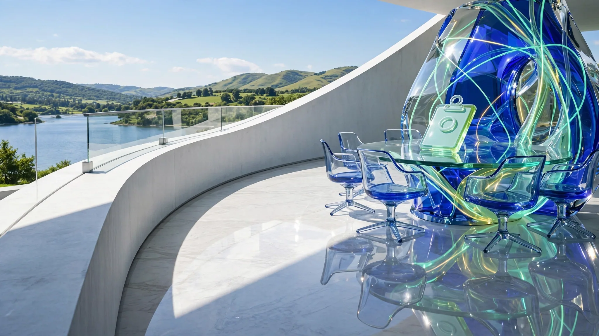 Translucent cobalt and lime glass sculpture of a round boardroom table with empty chairs, set on a sunny white terrace above a bay under a clear sky