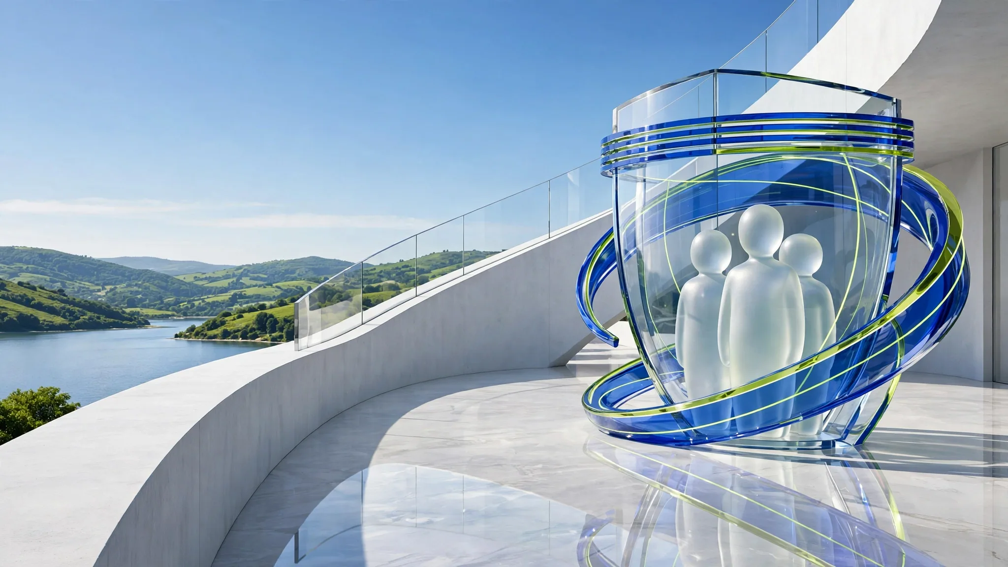 Translucent cobalt, lime and mint glass sculpture of a shield holding three rounded figures, encircled by a ribbon ring, on a sunlit white terrace above a bay