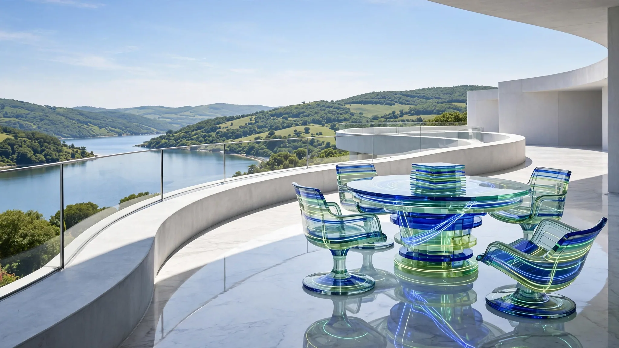 Translucent cobalt and lime glass sculpture of a round boardroom table with empty chairs, set on a sunny white concrete terrace above a bay under a clear blue sky