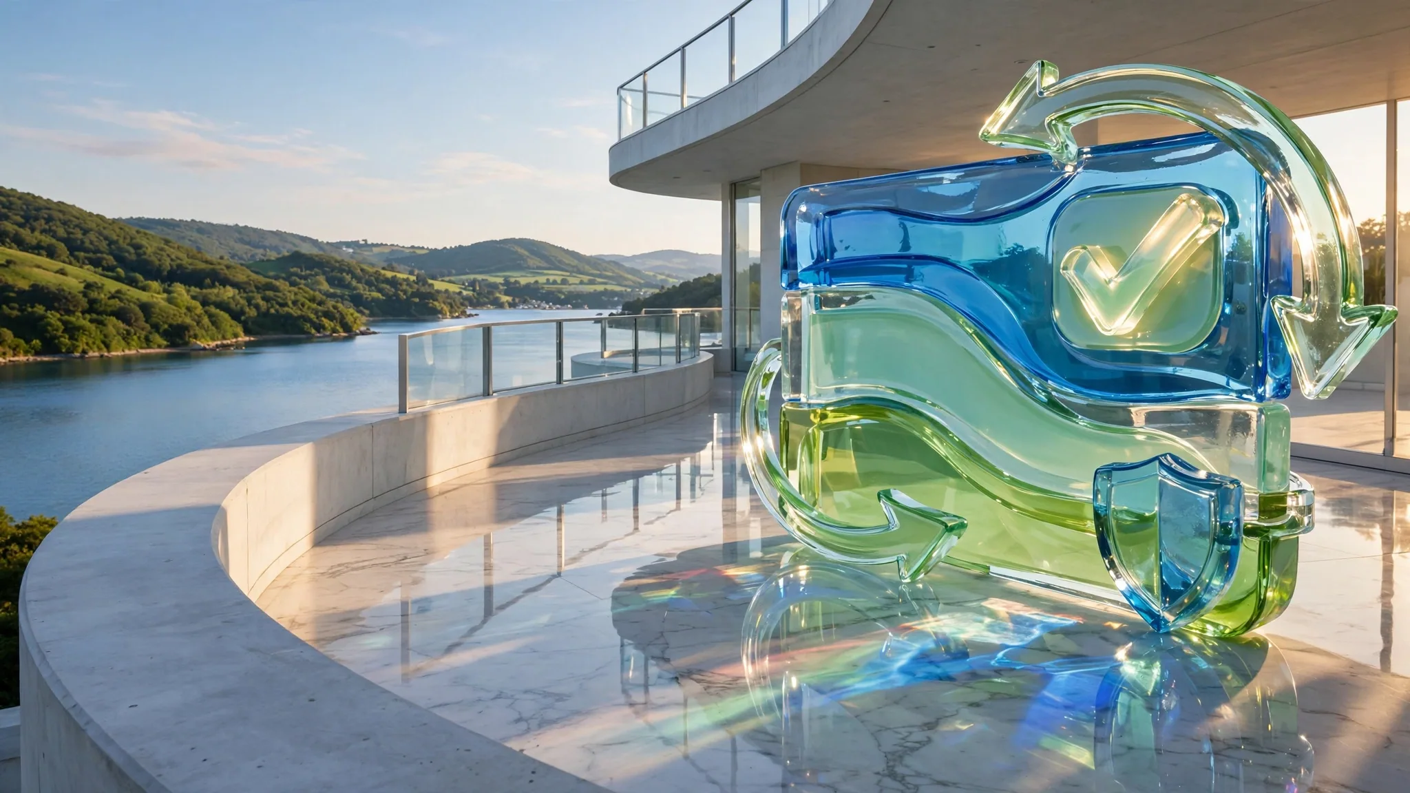 Translucent glass sculpture of a payment card with a glowing tick, ringed by curved arrows, on a sunny white terrace above a bay under blue sky