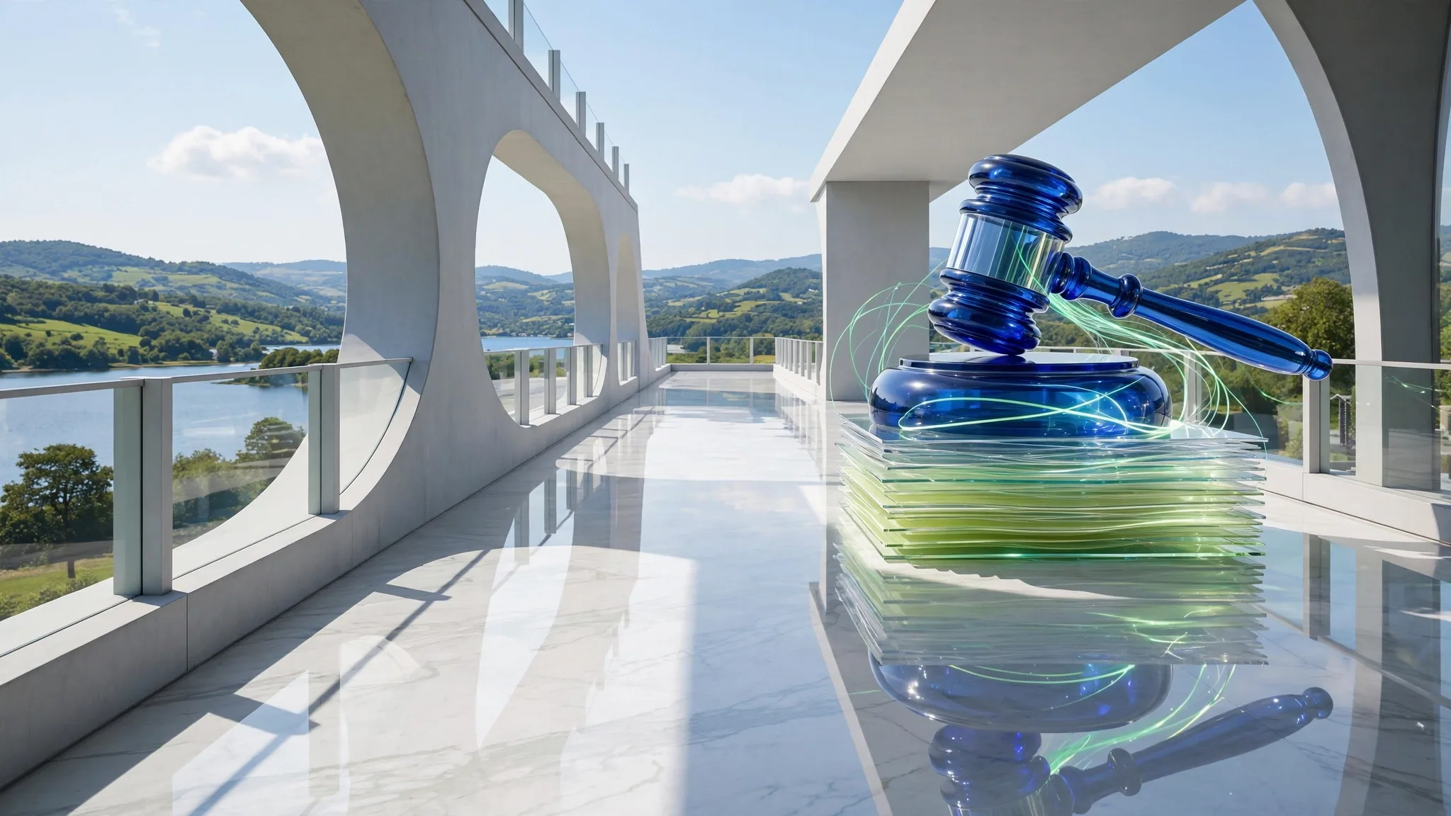 Translucent cobalt and lime glass gavel resting on a round sound block, set on a sunlit white concrete terrace above a calm blue bay under a clear sky