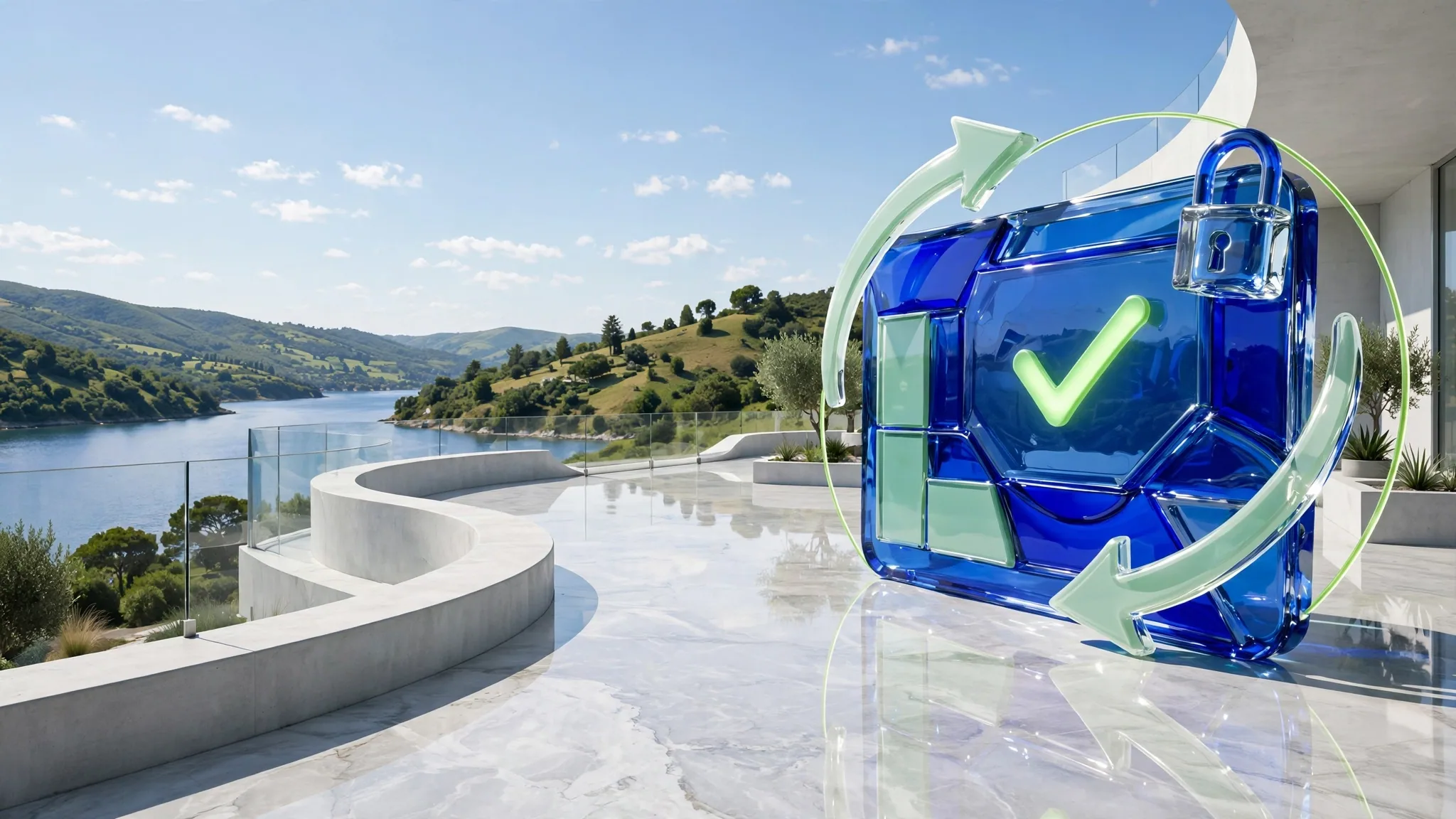 Translucent cobalt and lime glass sculpture on a sunlit white concrete terrace, overlooking a calm bay under a clear blue sky