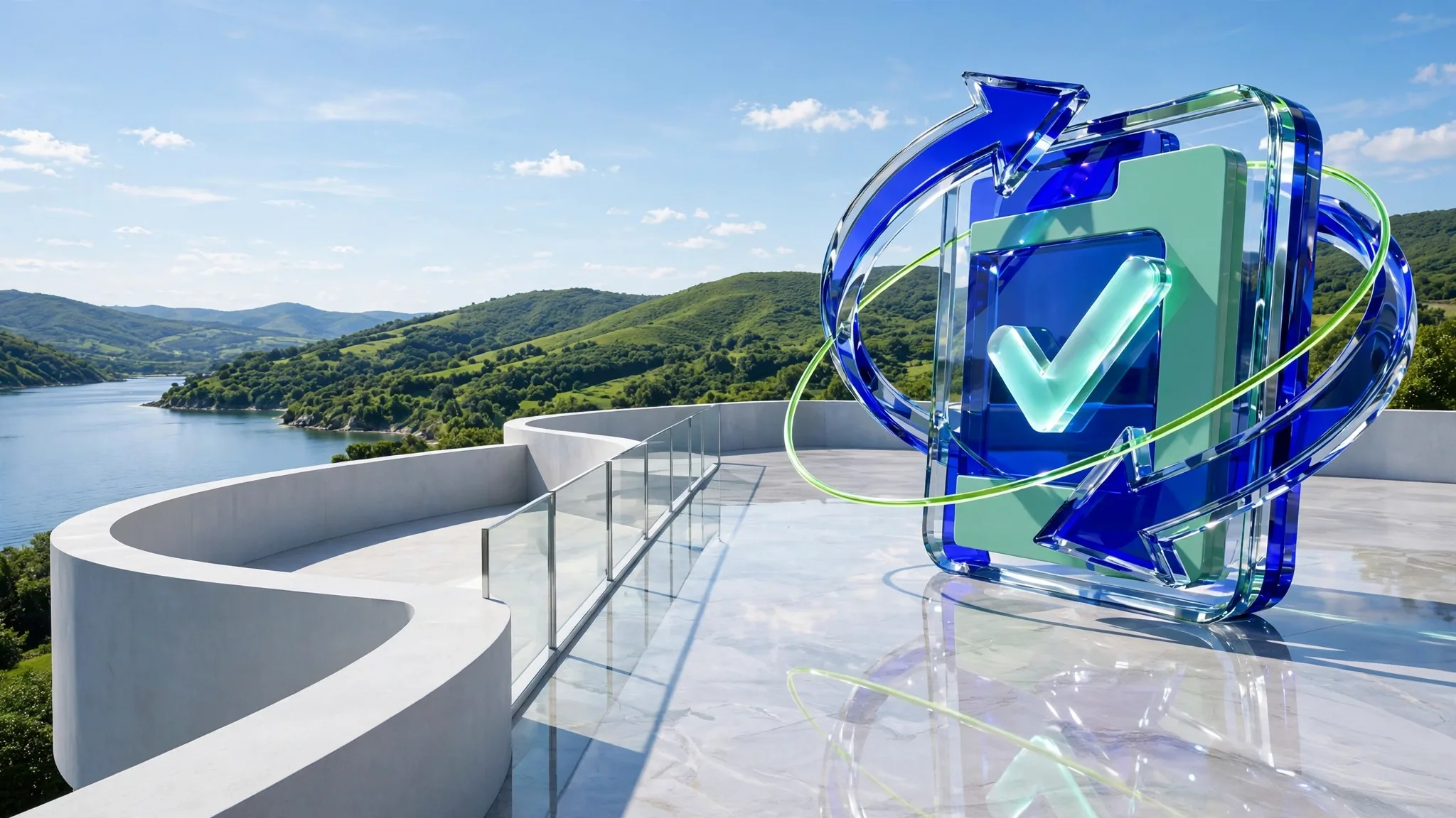 Translucent blue and lime glass sculpture on a sunlit white concrete terrace above a bay, illustrating financial crime