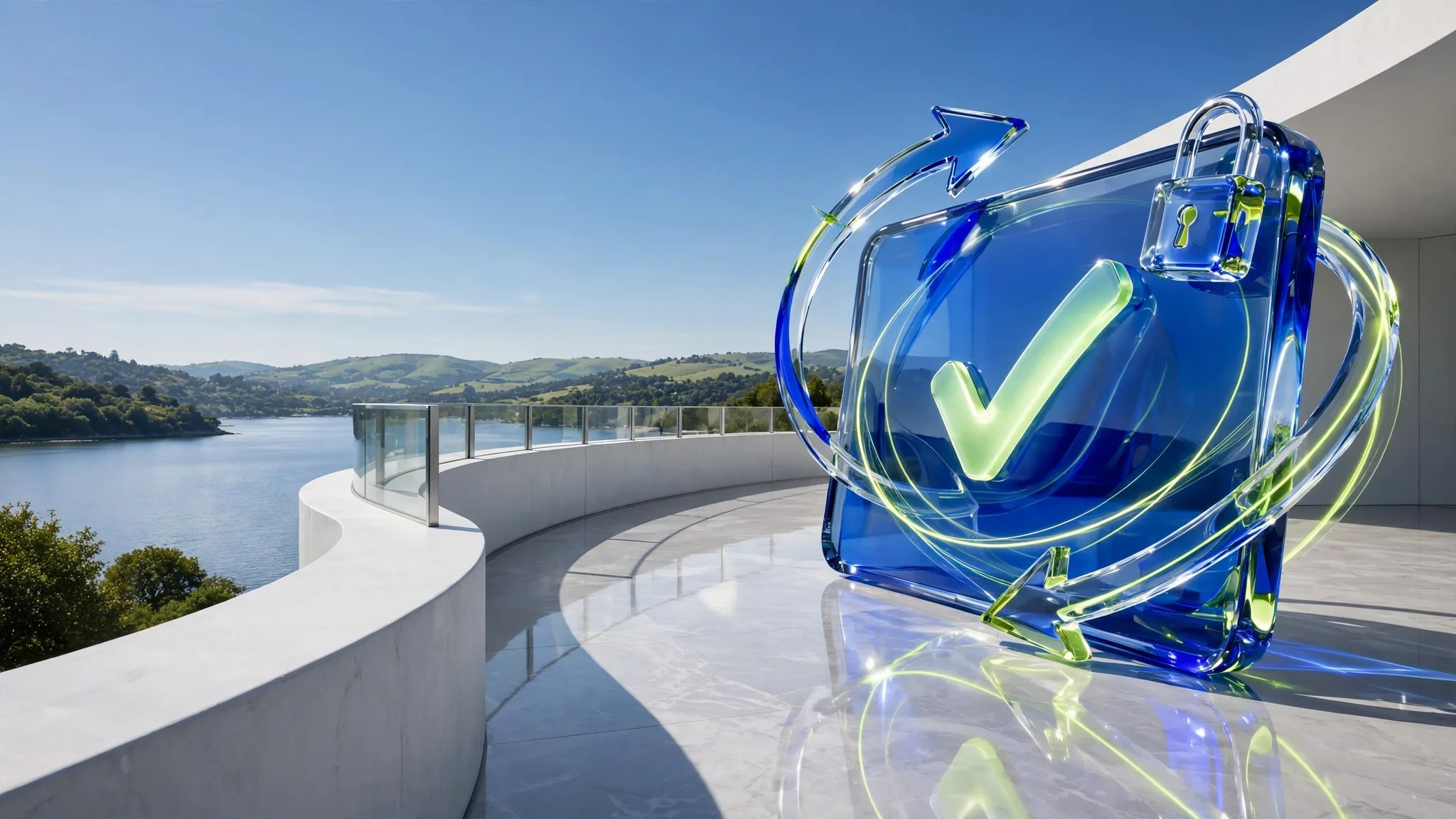 Translucent cobalt and lime glass sculpture of a payment card with a glowing tick, ringed by curved arrows, on a sunny white terrace above a bay
