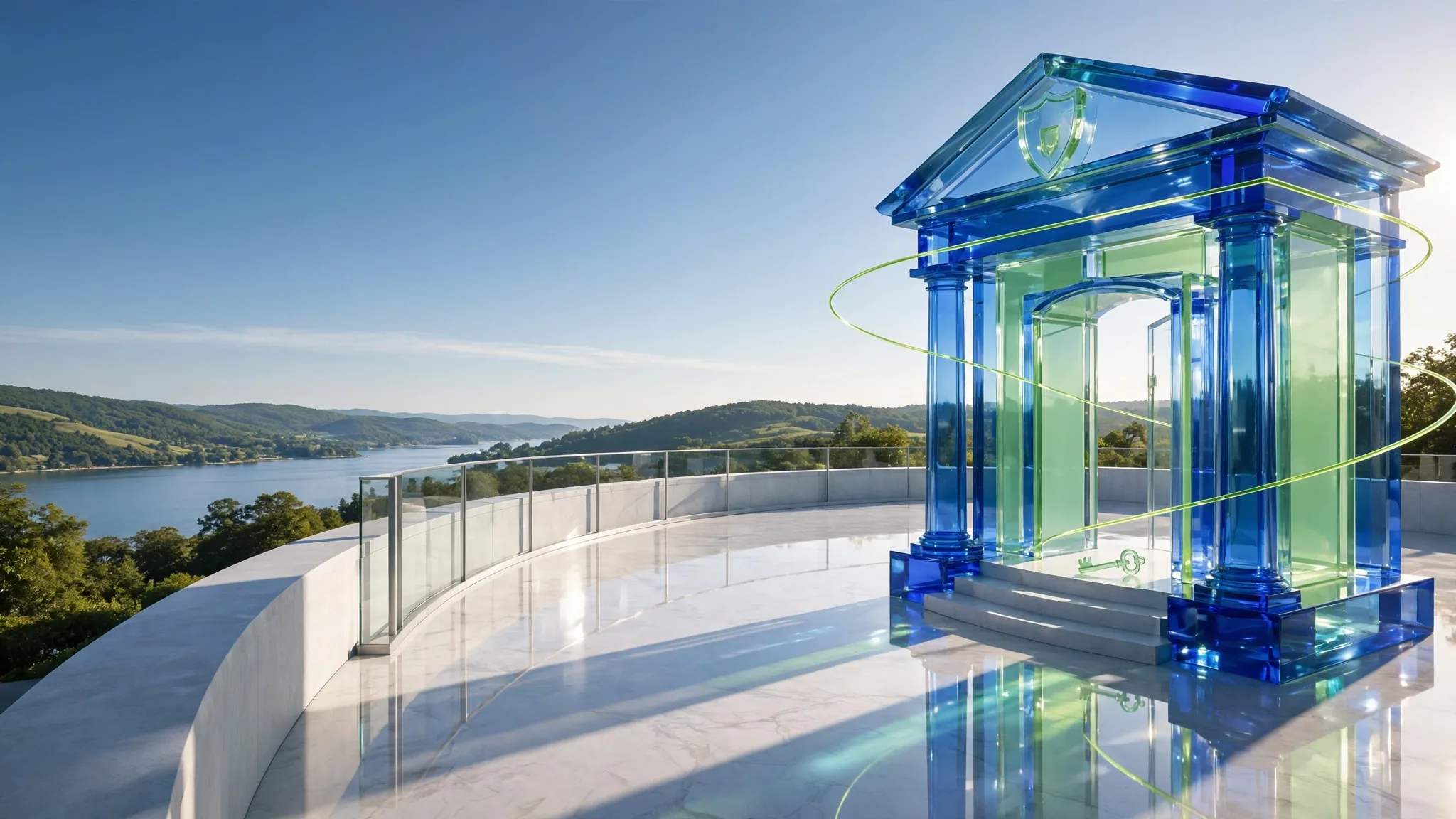 Translucent glass classical portico with columns and steps stands on a sunny white concrete terrace above a bay, under a clear blue sky