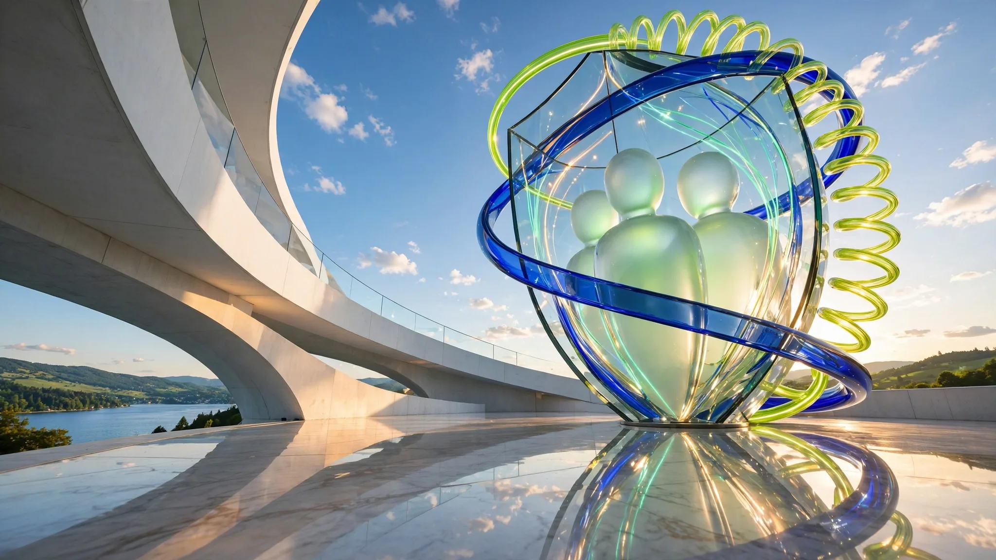 Translucent cobalt and lime glass sculpture of a shield around three rounded figures, set on a sunny white concrete terrace above a bay under a clear blue sky