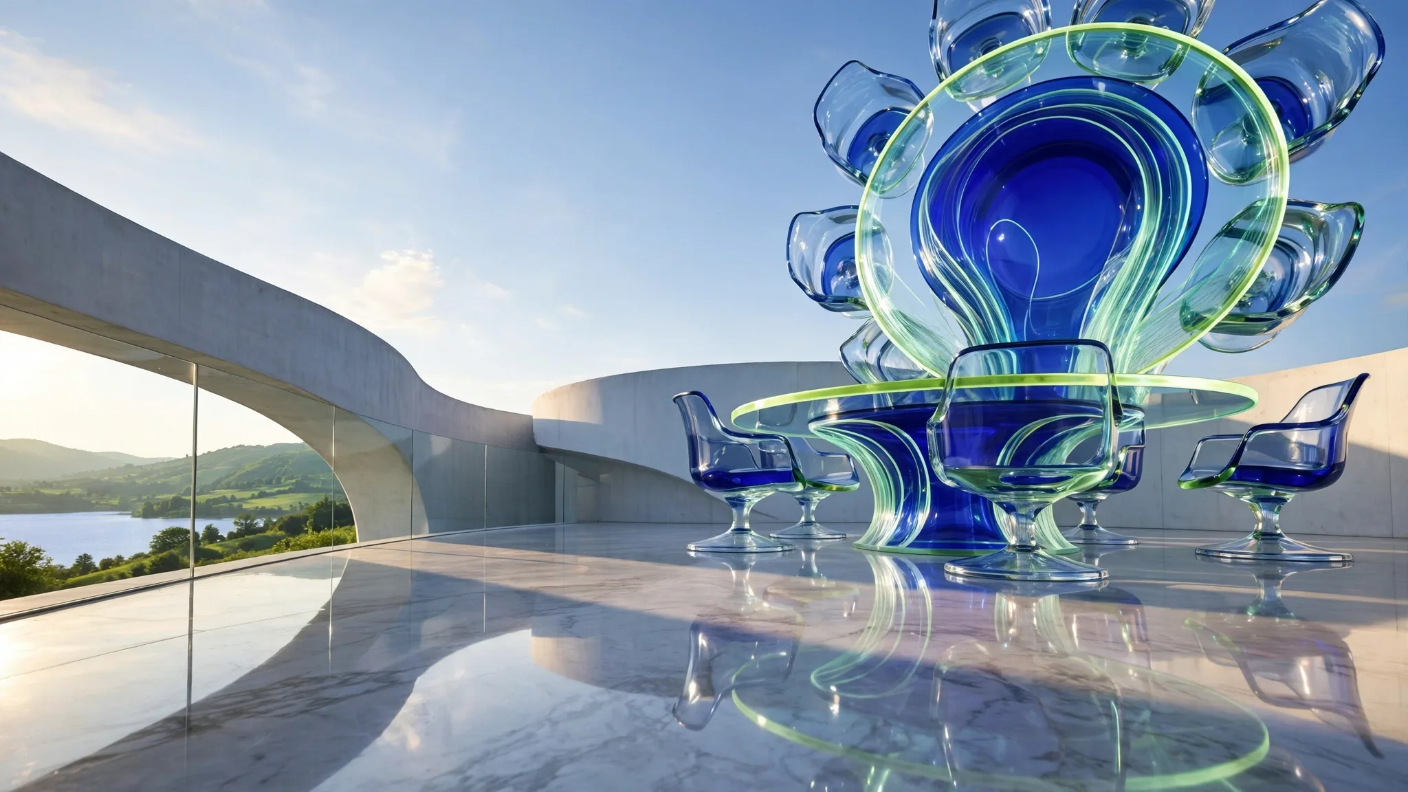 Translucent cobalt and mint glass sculpture of a round boardroom table with empty swivel chairs, set on a sunny white terrace above a bay under a clear blue sky