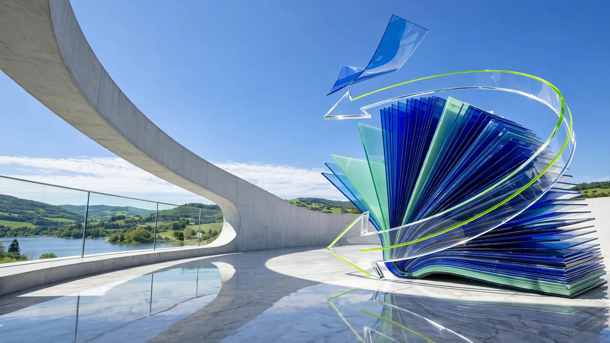 Translucent glass sculpture of fanned document pages wrapped by a curving arrow, set on a sunny white terrace above a calm bay under blue sky