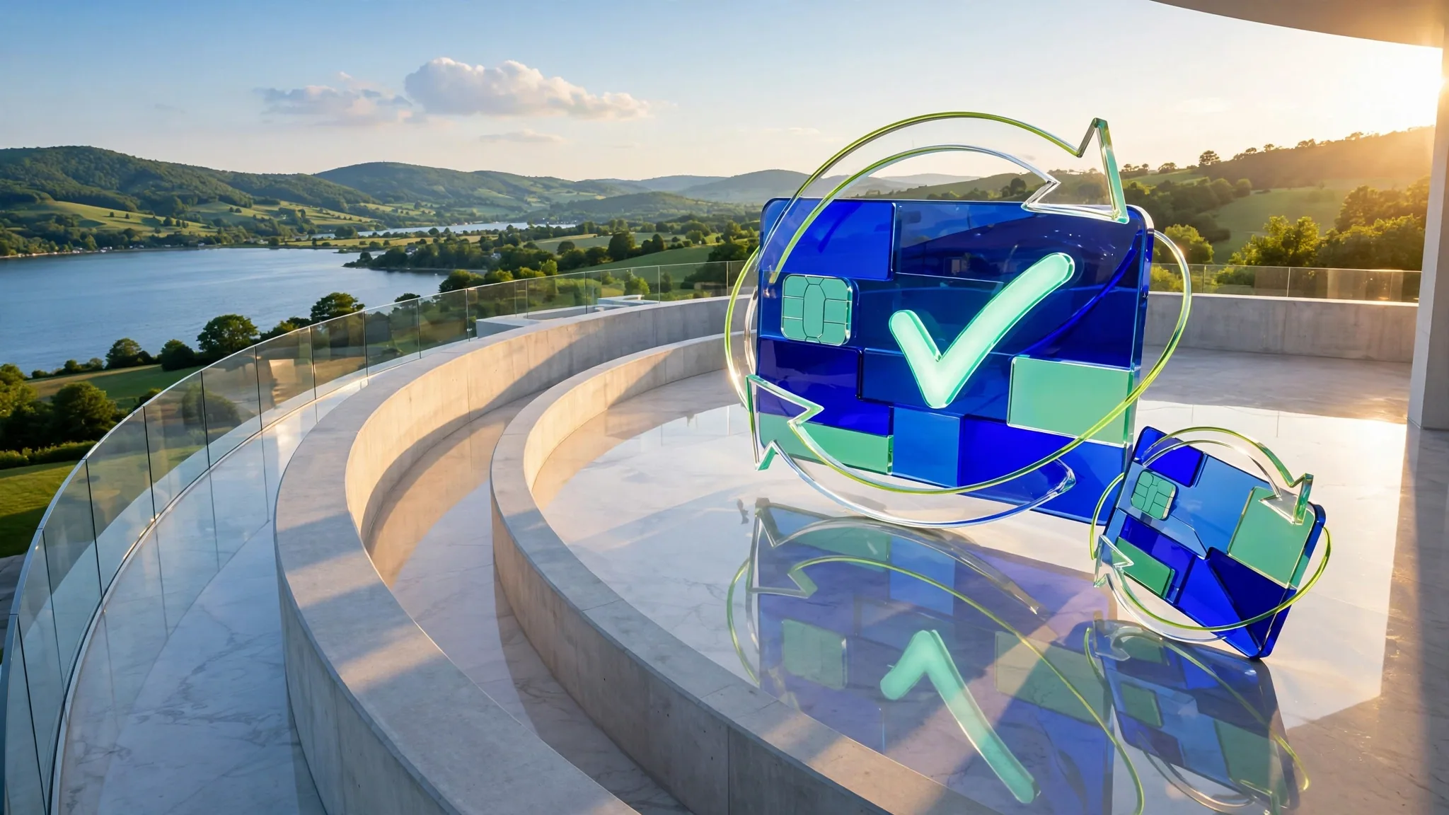 Translucent glass sculpture of a payment card with a glowing tick, ringed by curved arrows, on a sunny white terrace above a calm bay