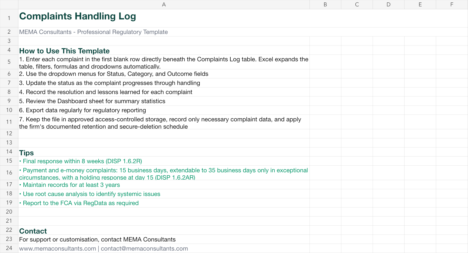 Complaints Handling Log — How to use the complaints toolkit