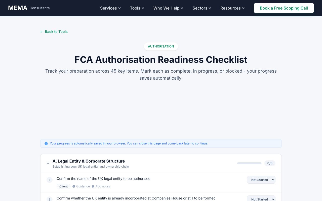The FCA Authorisation Readiness Checklist tool