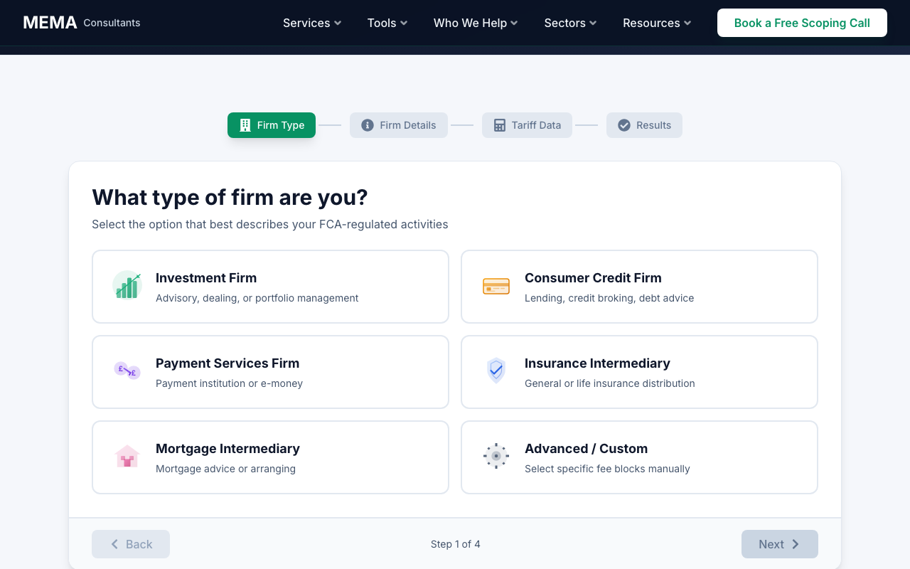 The FCA Fee Calculator tool